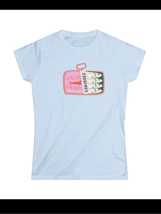 Gildan Tops - Gildan Light Blue Tshirt with Pink & Green Sardines Can Graphic